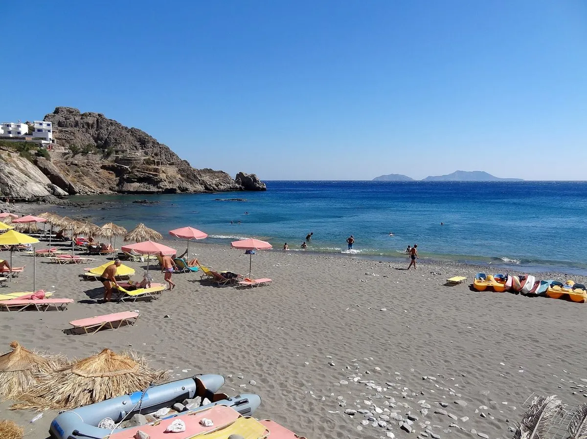 The beach with the Paximadia islets on the horizon