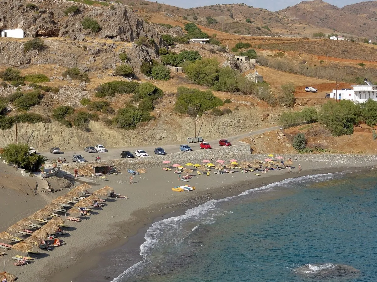 The Agios Pavlos cove and sandstone slope from above