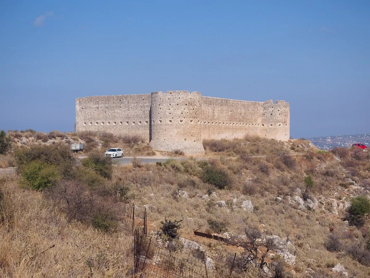 The Ottoman koules at Aptera, a low square fort with thick stone walls on a scrubby rise above the bay