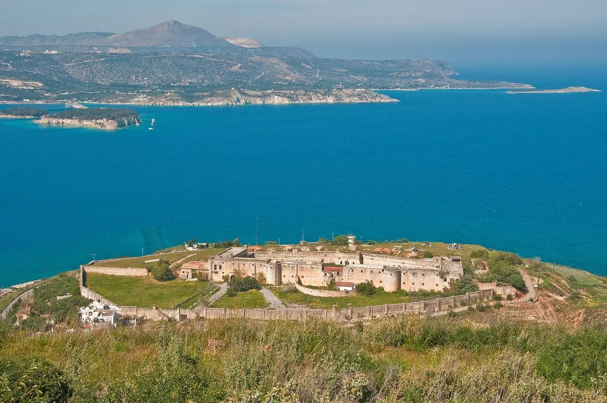 The view north from Aptera over Souda Bay, the Izzedin fortress on its headland in the foreground and the Akrotiri peninsula beyond