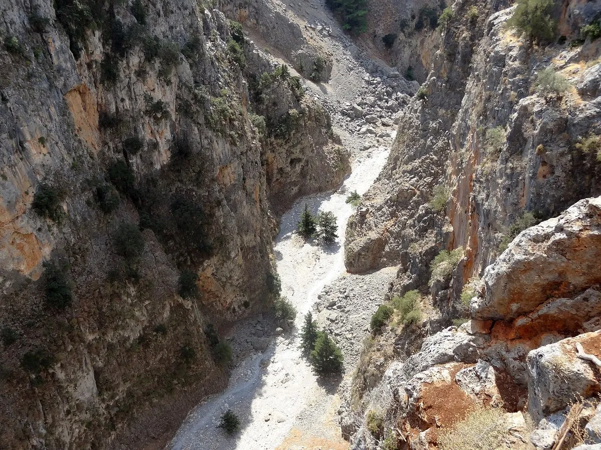 The Aradena gorge seen from above, sheer limestone walls dropping away below the plateau