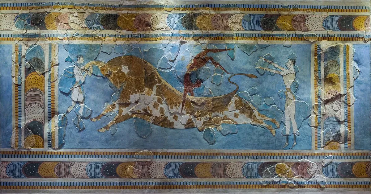 Das Fresko des Stier-Sprungs aus Knossos, das Original, im Museum von Heraklion