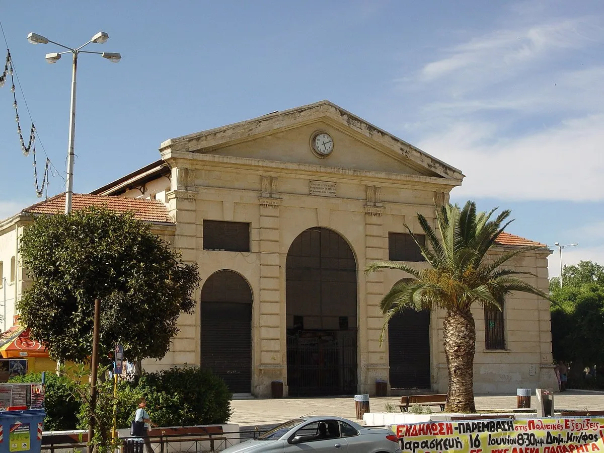 The neoclassical facade of the municipal market building in Chania