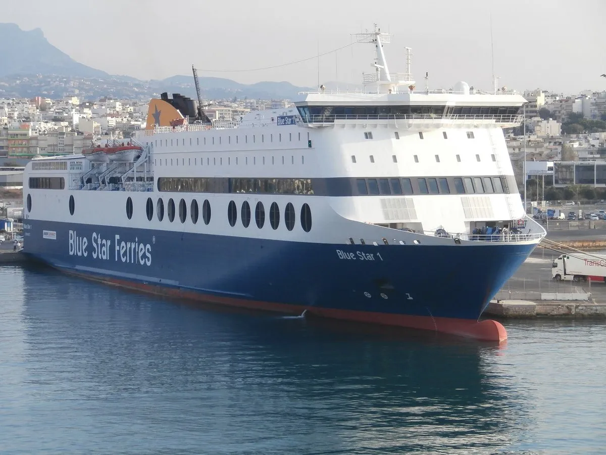 A Blue Star ferry berthed at Heraklion port with its bow doors open