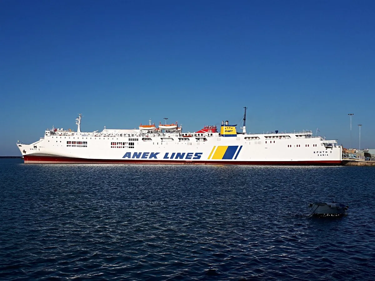 A conventional overnight ferry at the quay in Heraklion