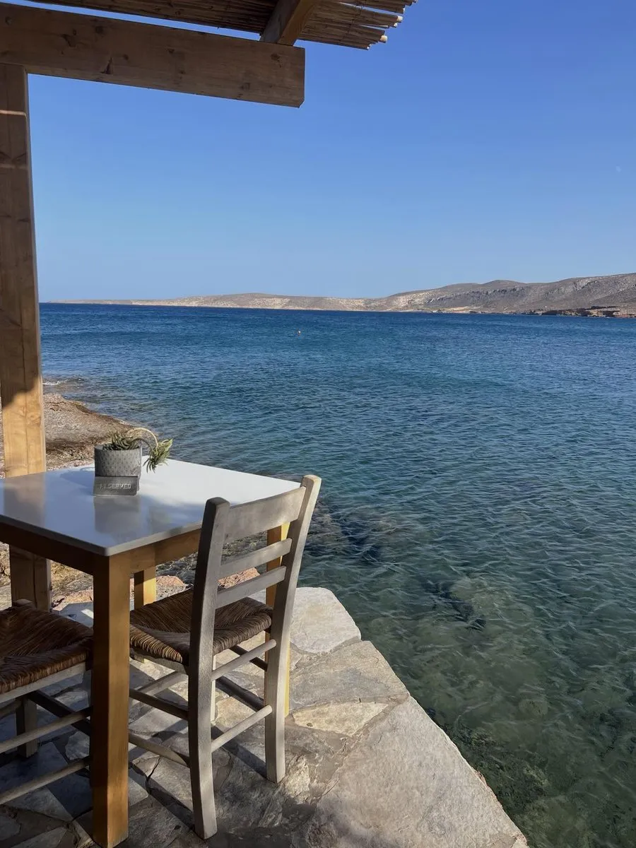 A single taverna table and two chairs on the rocks at Hiona, at the edge of clear shallow water