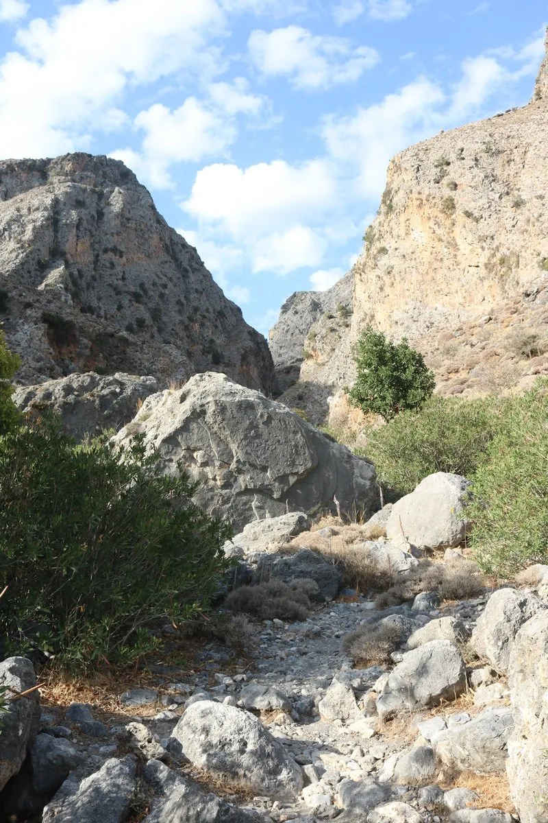 Ein felsiger Pfad zwischen hellen Kalksteinwänden in der Kallikratis-Schlucht