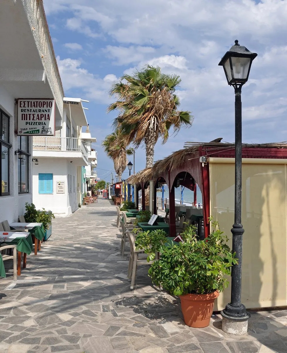 The paved seafront lane of Myrtos