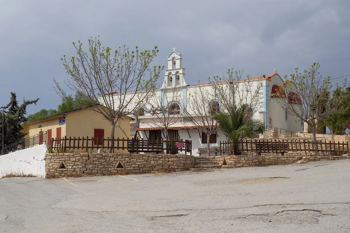 The church and its palm forecourt in Pitsidia