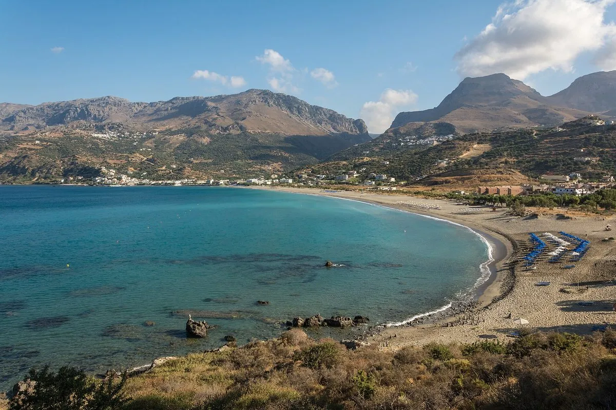 The main beach at Plakias, sunbeds along the sand