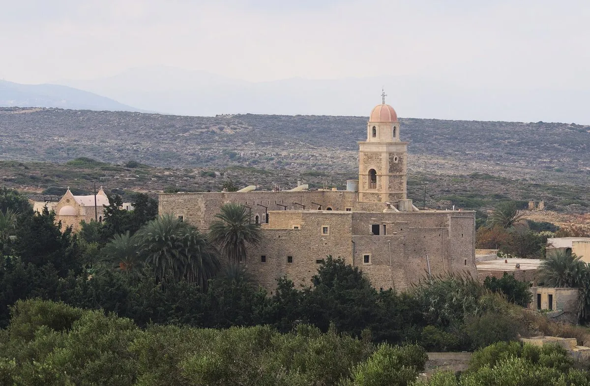 Toplou monastery and its belfry on the dry plateau