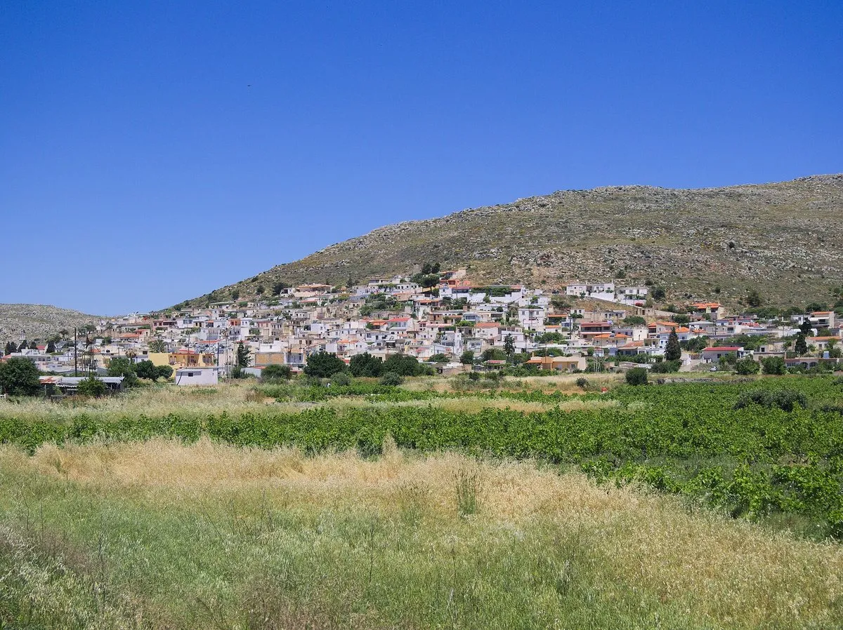 Ziros on its slope above vineyards and grain